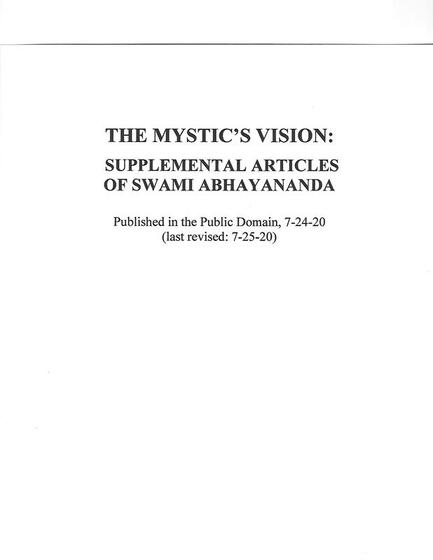 The Mystic’s Vision — Supplemental Articles — Swami Abhayananda
